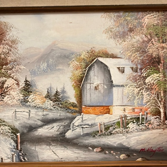 Vintage Winter Barn Landscape Painting, 12x14 - Picture 2 of 8